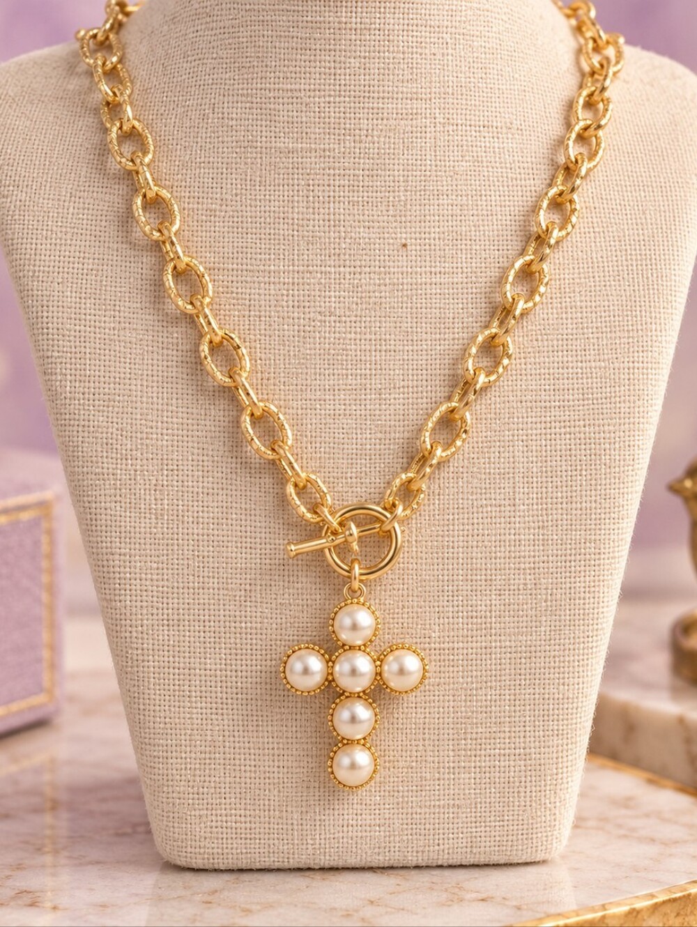 Park Lane Gold-Tone Chain Necklace with Pearl Cross Charm